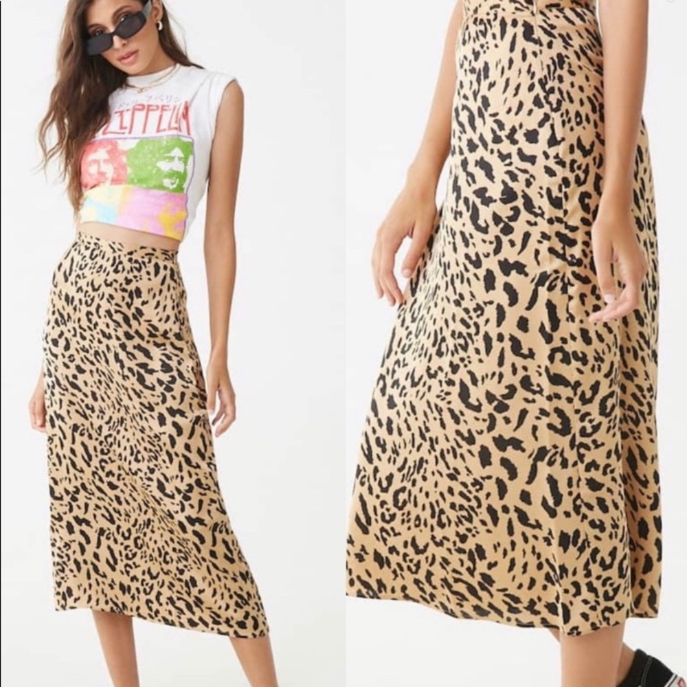 Satin Leopard Midi Skirt